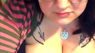 Drunk fat nerdy with big boobs showing off on webcam
