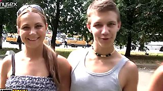Two whorish bitches pick up a guy in a park and fuck him right there